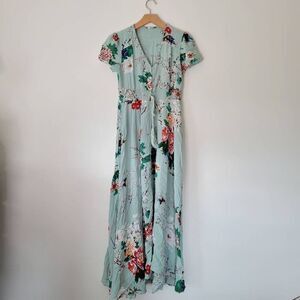 Button Down Floral Dress Blue Maxi Short Sleeve Waist Tie Small